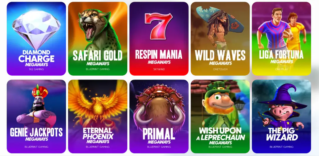 Catalogue de machines à sous Megaways chez Samba Slots avec plusieurs jeux et leurs visuels