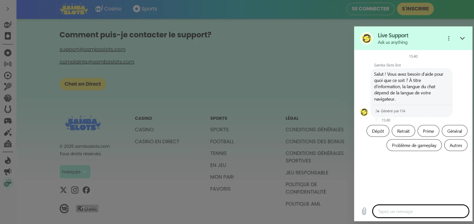 Chat en direct du support Samba Slots avec options d'assistance et adresses e-mail de contact