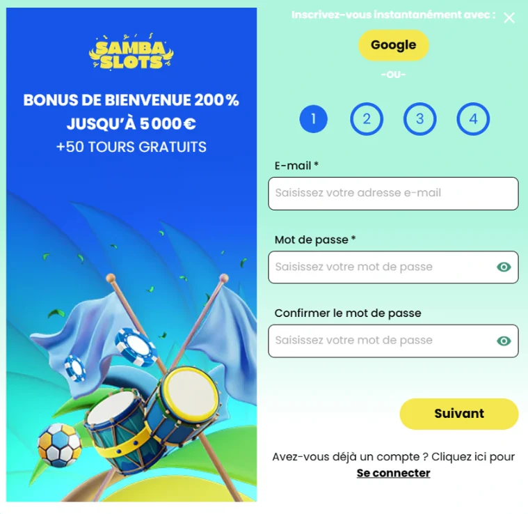 Formulaire d'inscription Samba Slots avec bonus de bienvenue, champs e-mail et mot de passe